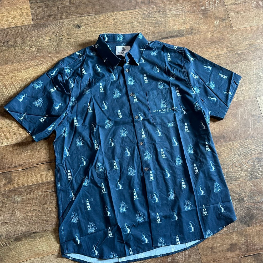 Men's Plymouth Gin Navy White Lighthouse Print Casual Button Down Shirt XL